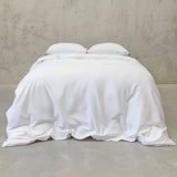 White bedding on a bed with pillows against a neutral wall.