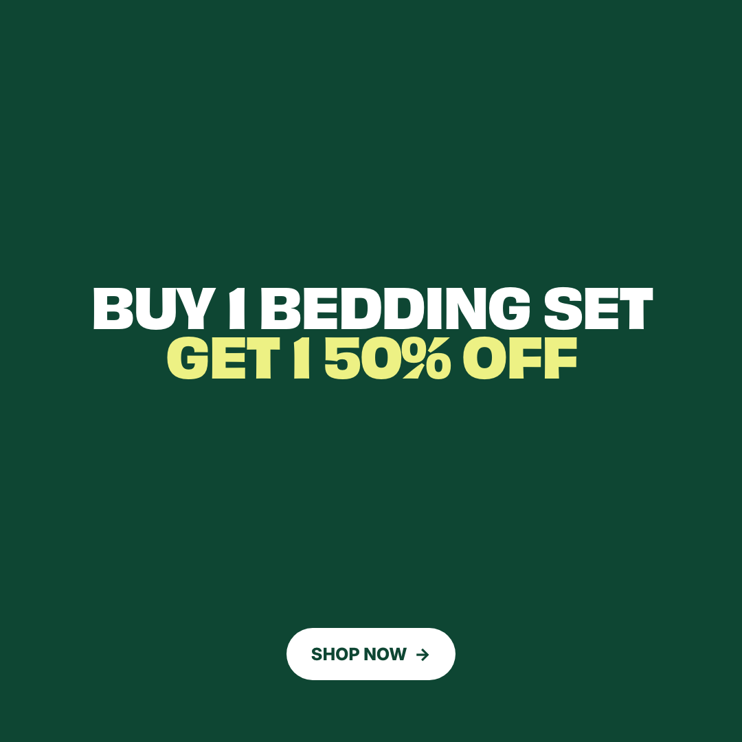 Promotional graphic on a dark green background with the text 'BUY 1 BEDDING SET GET 1 50% OFF' in white and yellow, plus a white 'SHOP NOW' button at the bottom.