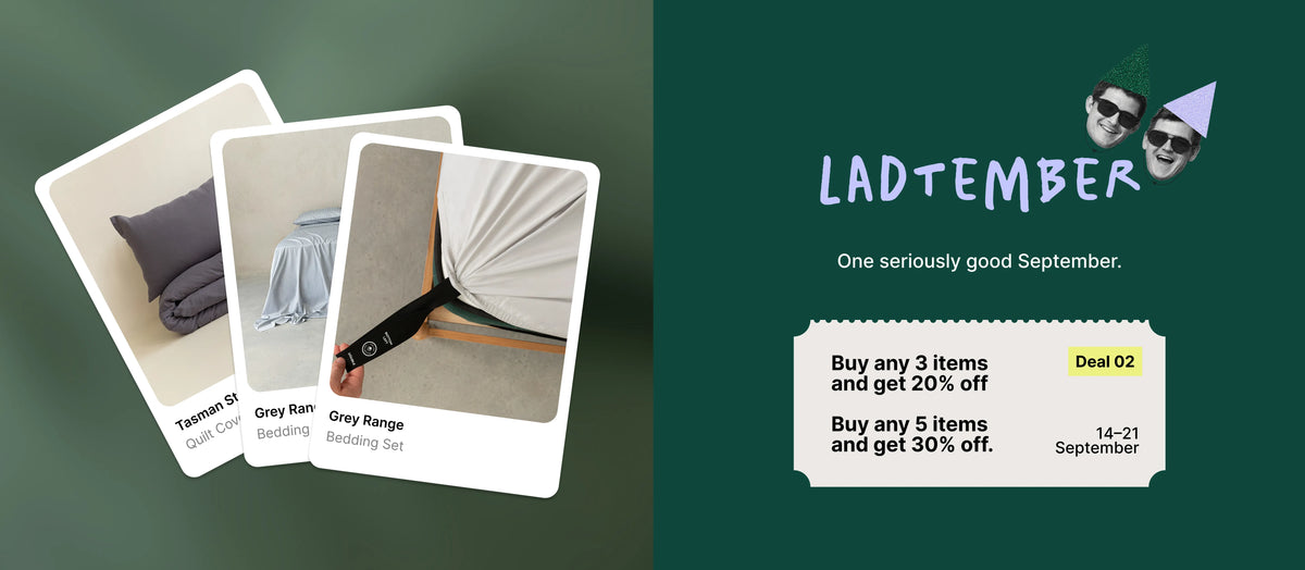 Promotional graphic for a September bedding deal, featuring three styled bedding card mockups on the left and sale text on the right against a dark green background.