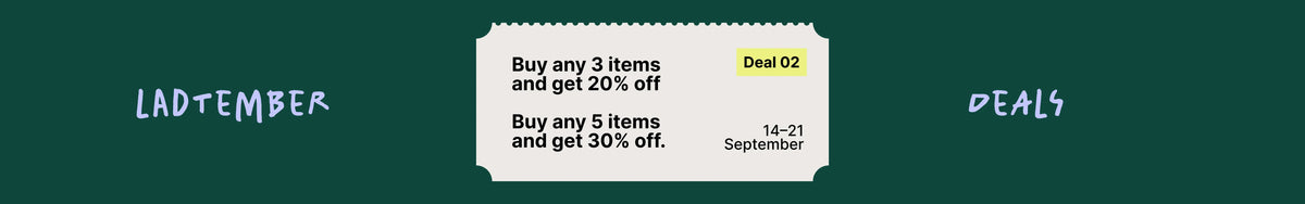 A dark green promotional banner with white text reading 'LADEMBER' on the left and 'DEALS' on the right, surrounding a white sale card that says 'Buy any 3 items and get 50% off. Buy any 5 items and get 30% off.
