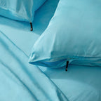 Close-up of a blue pillowcase with zippers