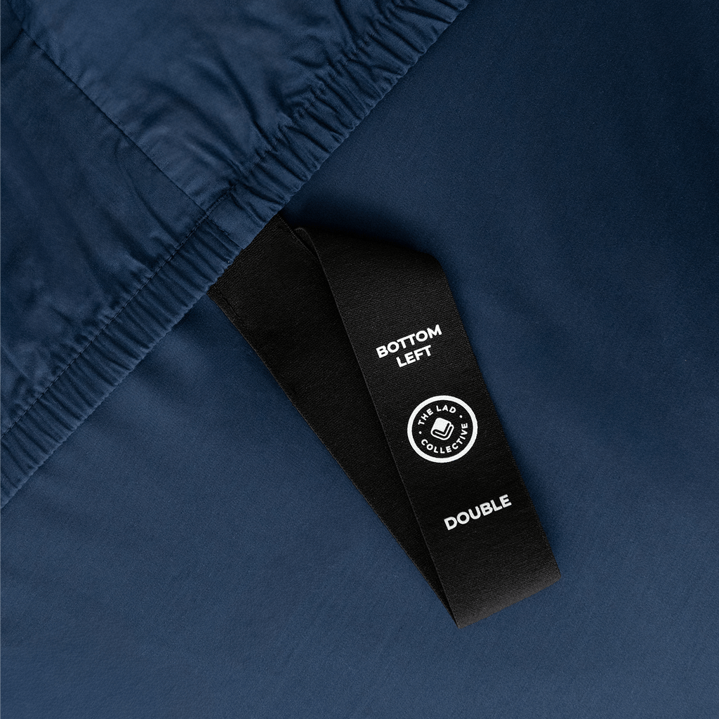 Close-up of a black corner elastic strap on a navy blue fitted sheet printed with 'Bottom Left' position label