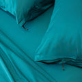 Pair of 2 pillowcases in teal green colour, close up of zip