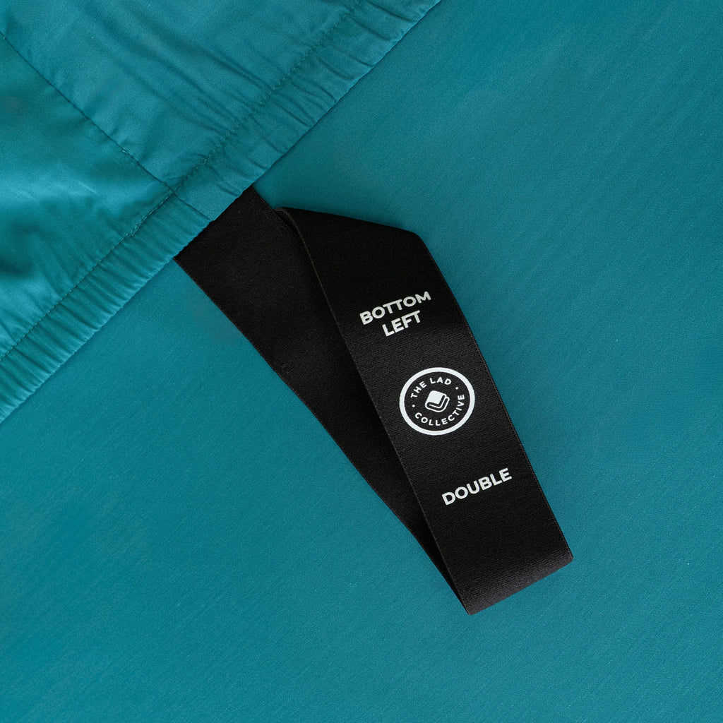 Close up of corner strap in Teal Bedding