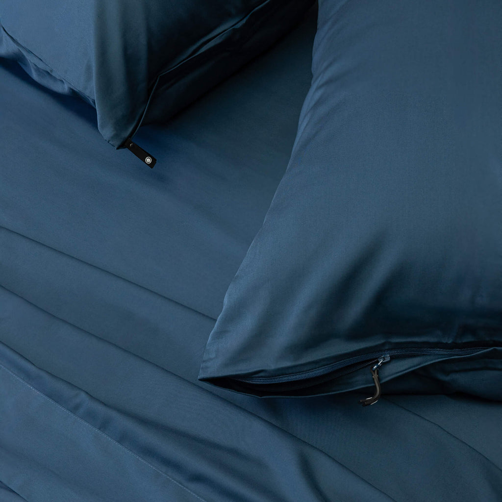 Pacific Blue Pillowcases close up with zip detail 