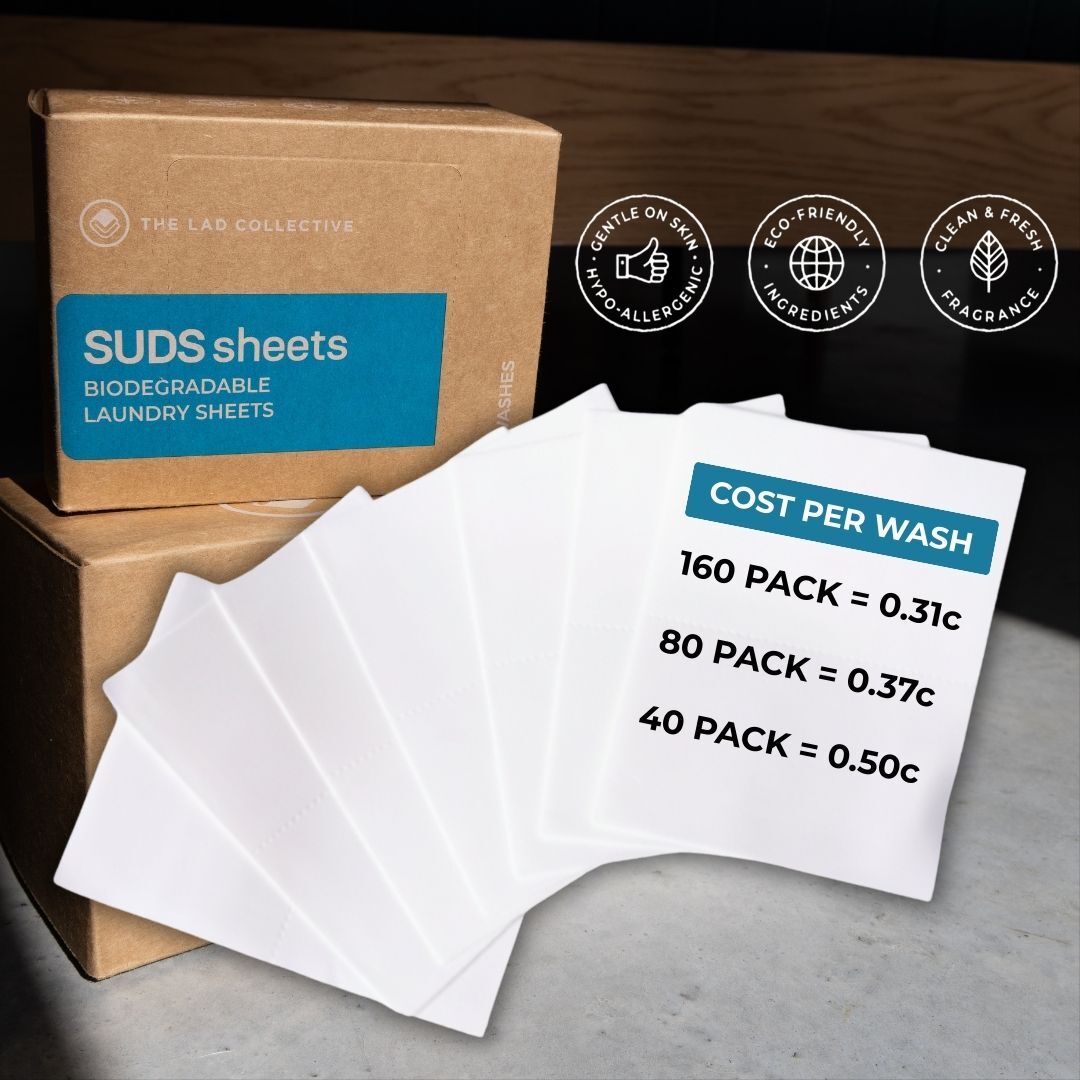 SUDS sheets packaging with cost per wash information.