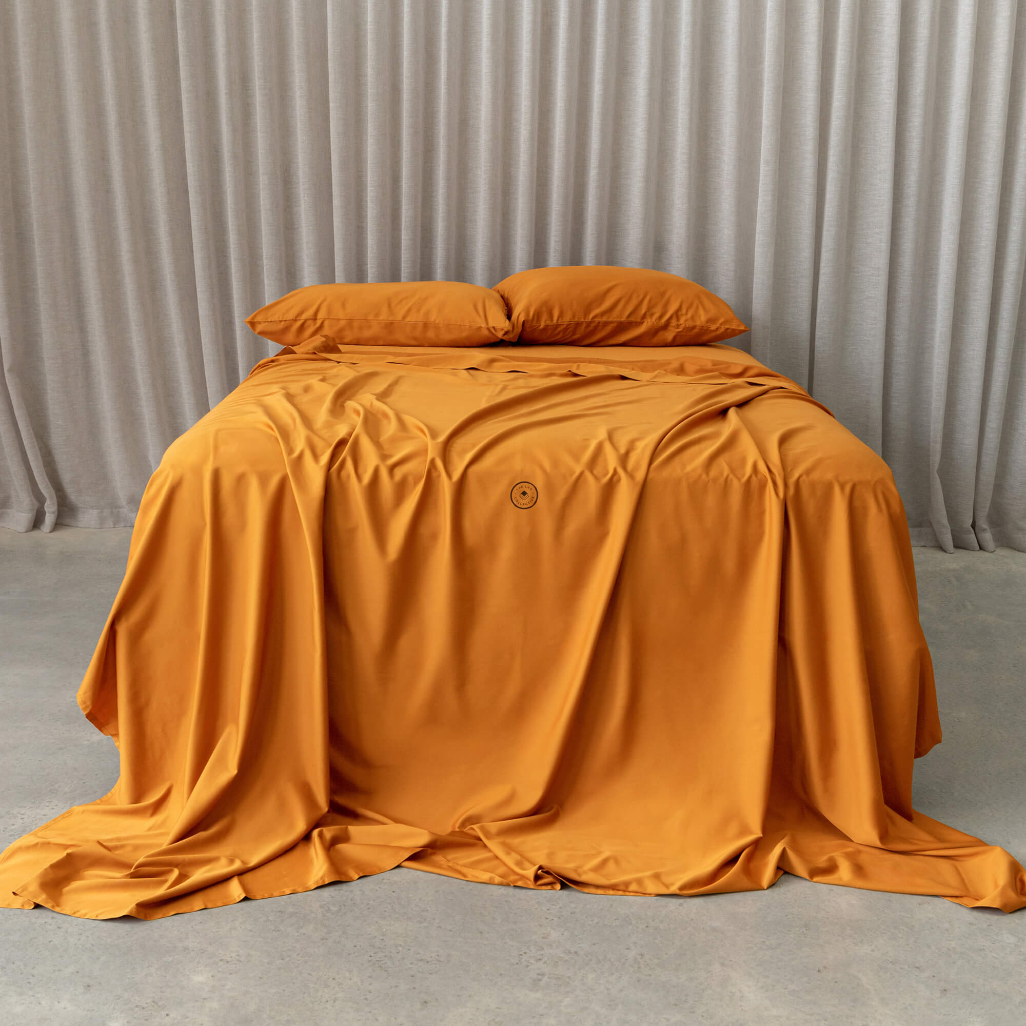 Flame Orange Bedding with Curtain background 