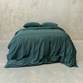 Green bedding set on a bed against a beige wall.