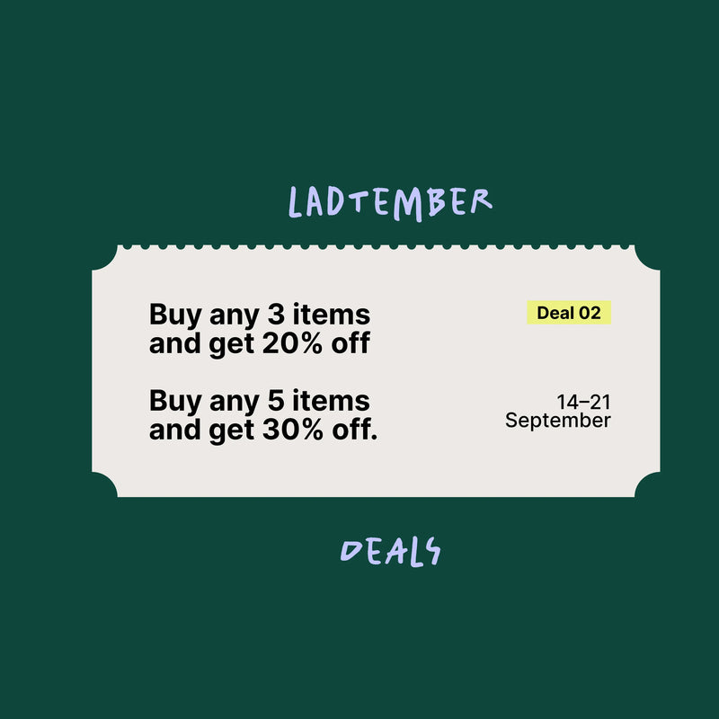 A promotional sale graphic on a dark green background with the word 'LADTEMBER' at the top and a central ticket-style coupon reading 'Buy any 3 items and get 20% off' and 'Buy any 5 items and get 30% off,' plus 'Deal 02' and '14-21 September.' Two small cutout faces wearing party hats appear on the right.