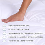 Person lying on a mattress with text highlighting features like non-slip underside grip and ultra-plush depth.